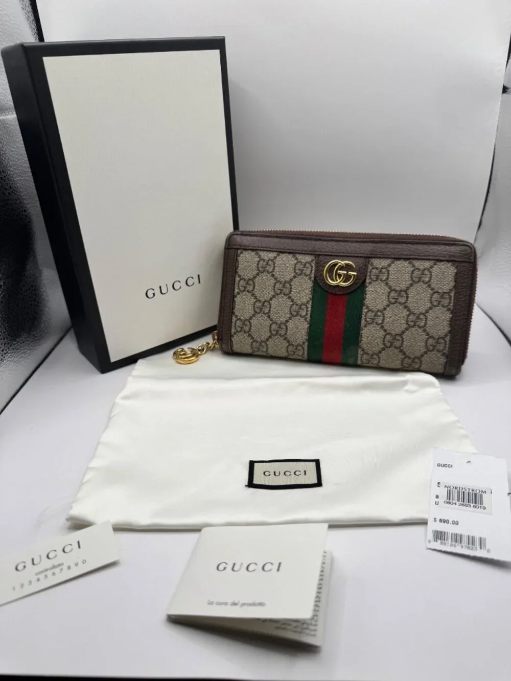 Authentic Gucci Ophelia Wallet Zip Around Web Stripe W Box and Dust Bag